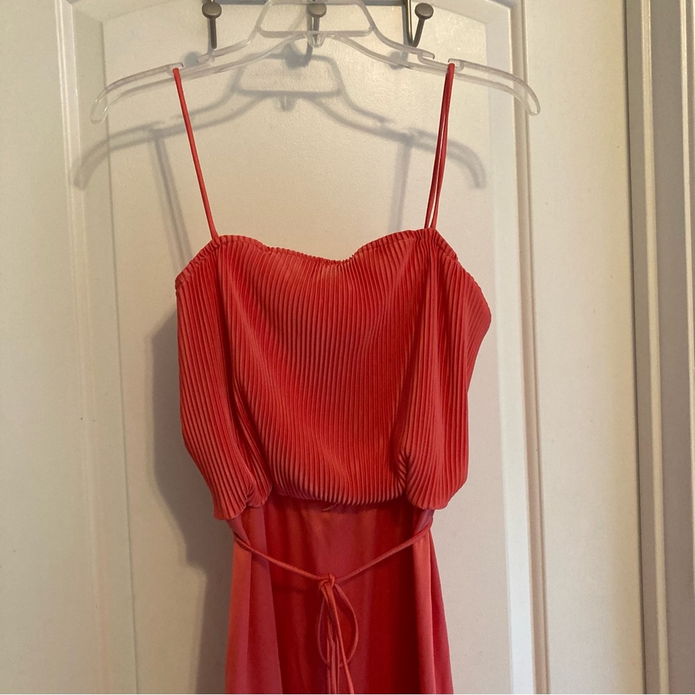 Vintage 1970s Salmon Pink Union Made Pleated Spaghetti Strap Midi Dress